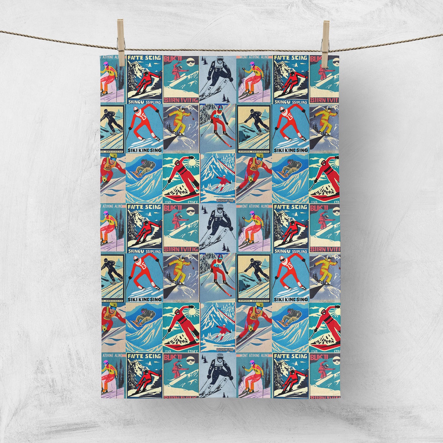 Tea towel home decor in Vintage Style Men Skier Art Collage Art for your kitchen or hang on your walls