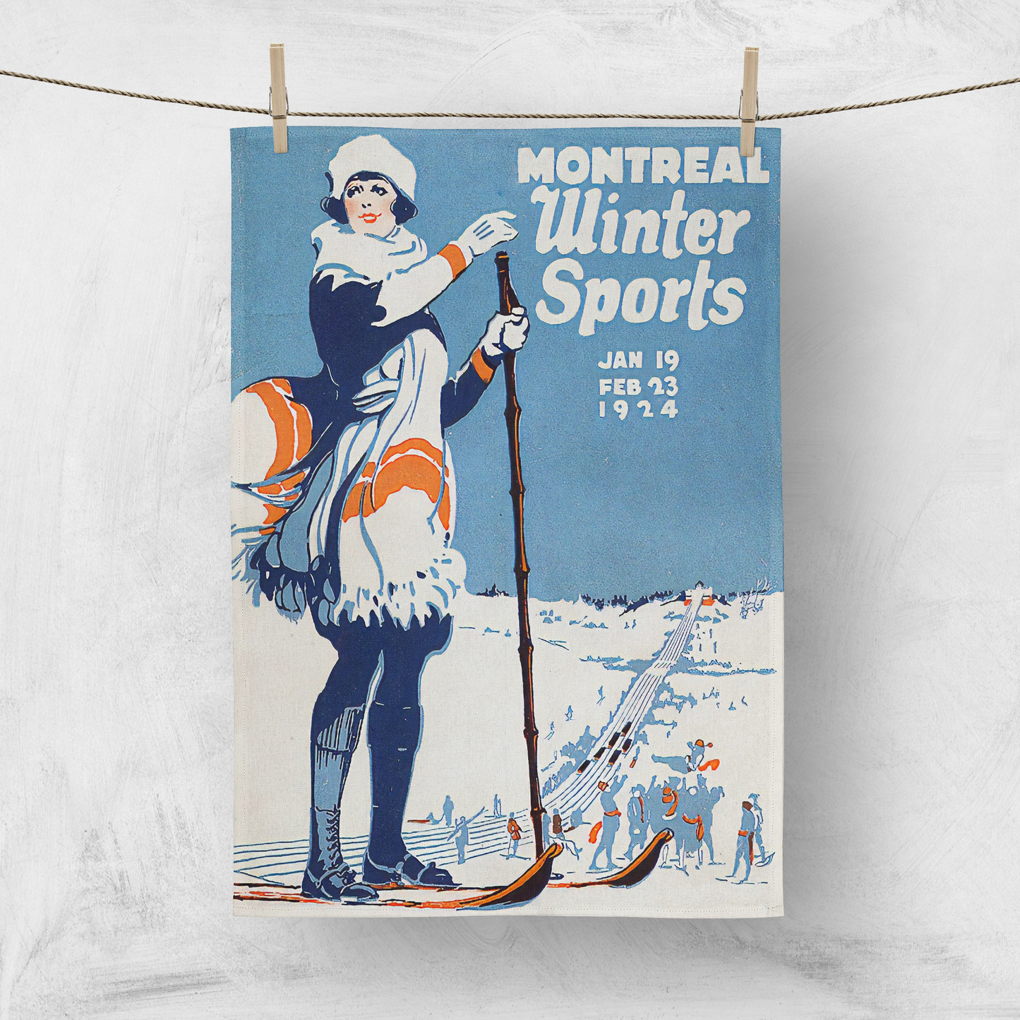 Tea towel home decor in Vintage Montreal winter sport Ski Collage Art for your kitchen or hang on your walls