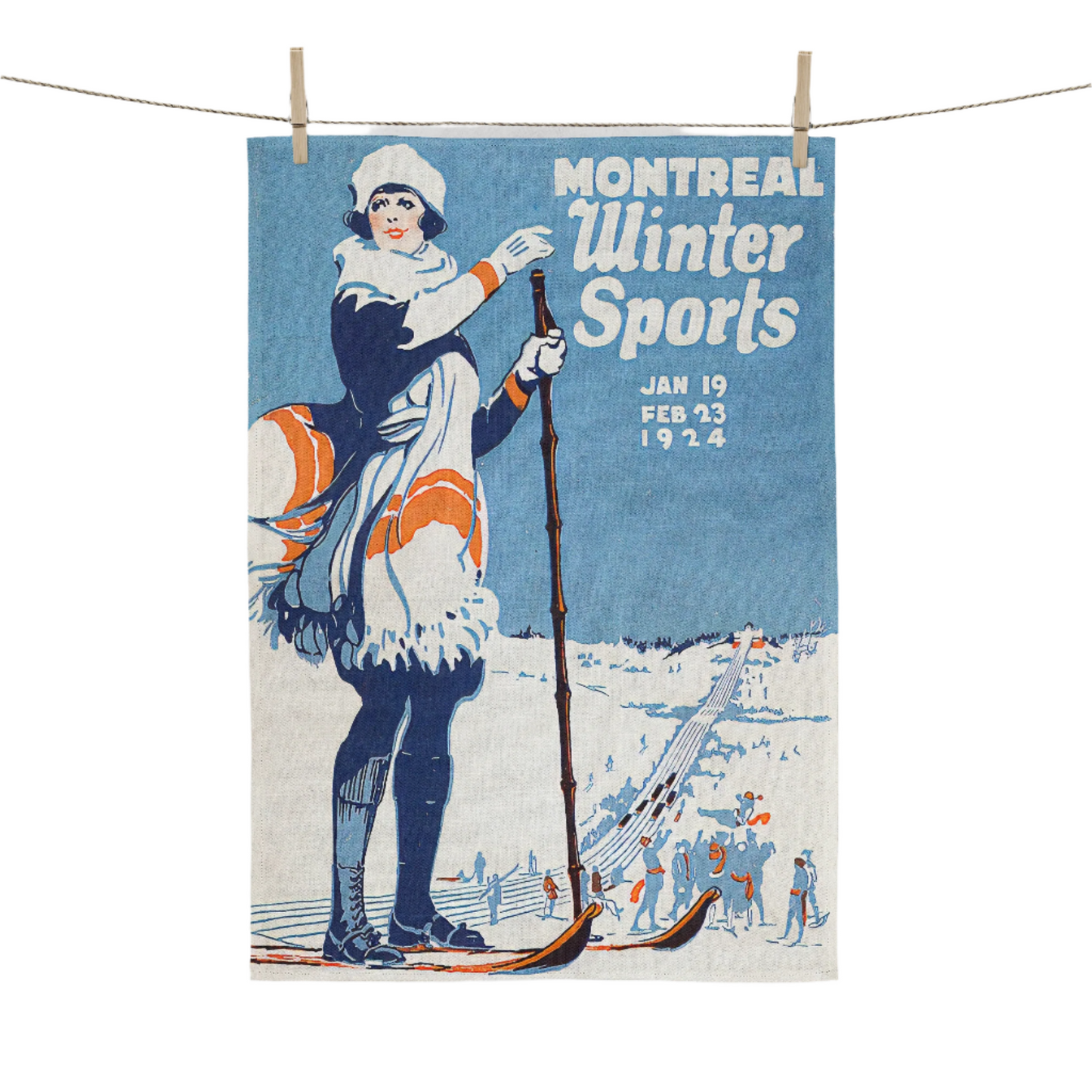 Tea towel home decor in Vintage Montreal winter sport Ski Collage Art for your kitchen or hang on your walls