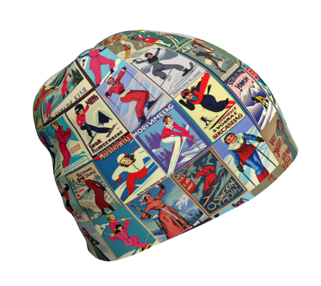 Bonnet avec art vintage unique en collage de ski pour femmes rouge fabriqué au Canada
