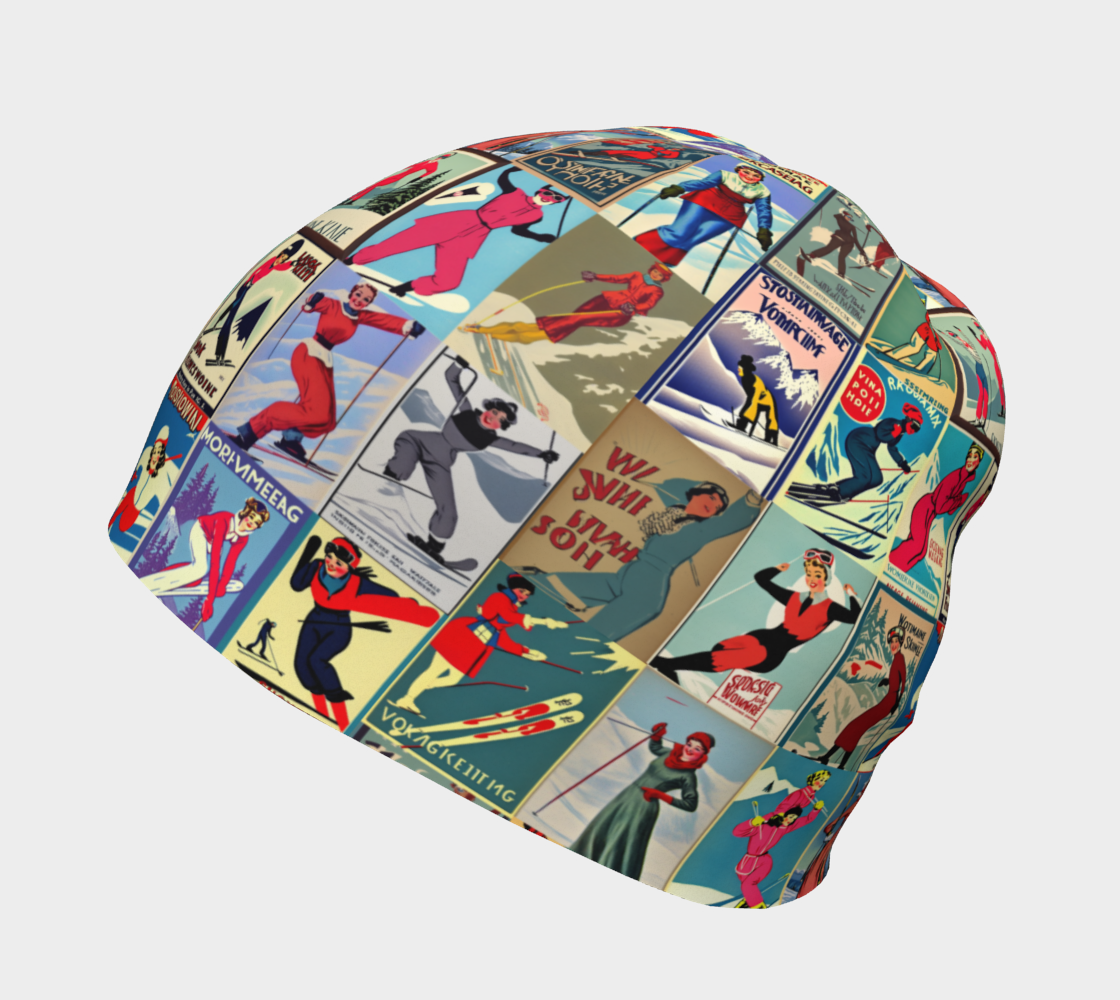 Bonnet avec art vintage unique en collage de ski pour femmes rouge fabriqué au Canada