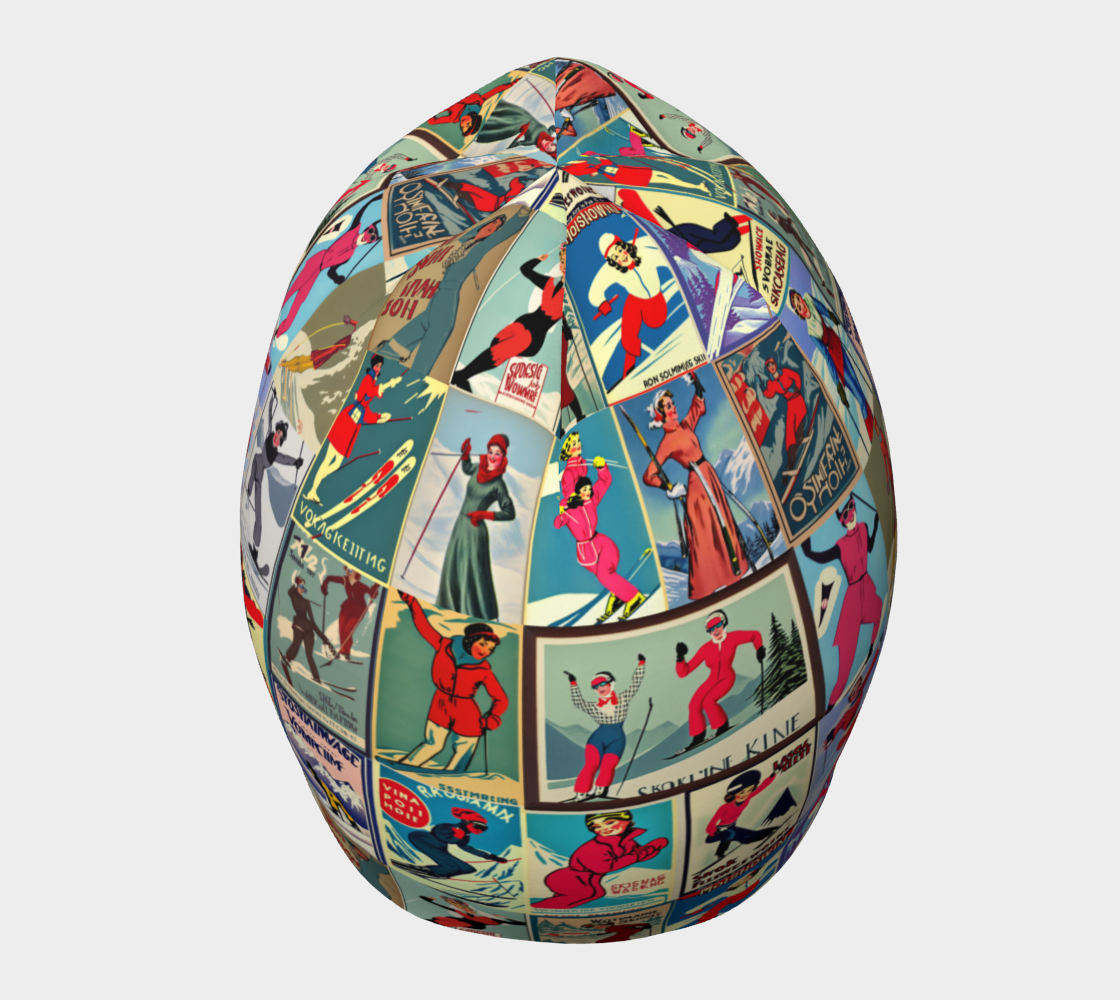 Bonnet avec art vintage unique en collage de ski pour femmes rouge fabriqué au Canada