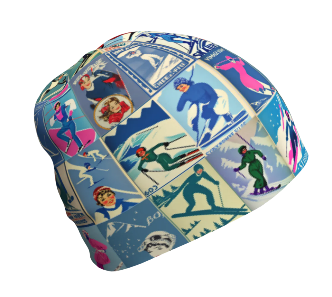 Beanie with unique vintage art in Ski women collage blue made in Canada
