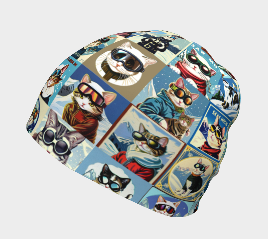 Beanie with unique vintage art in cool Ski Cat collage red made in Canada