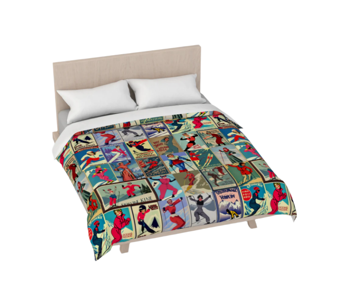 Duvet Cover in Vintage Style women Ski in red Collage for the nicest sleep. Made of quality 100% cotton in Canada
