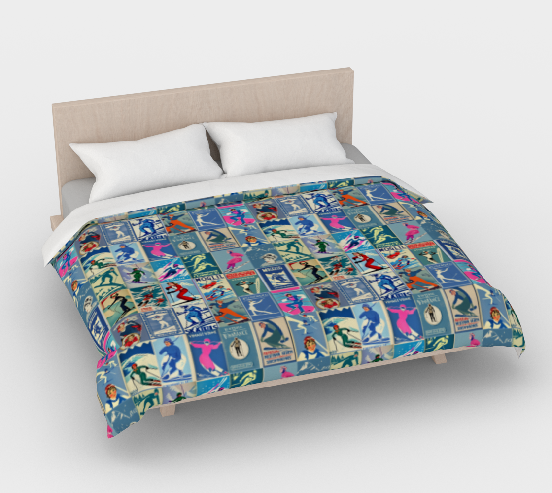 Housse de couette au style vintage Femme Ski en bleu Art Collage pour le plus agréable des sommeils. Fabriqué en 100% coton de qualité au Canada