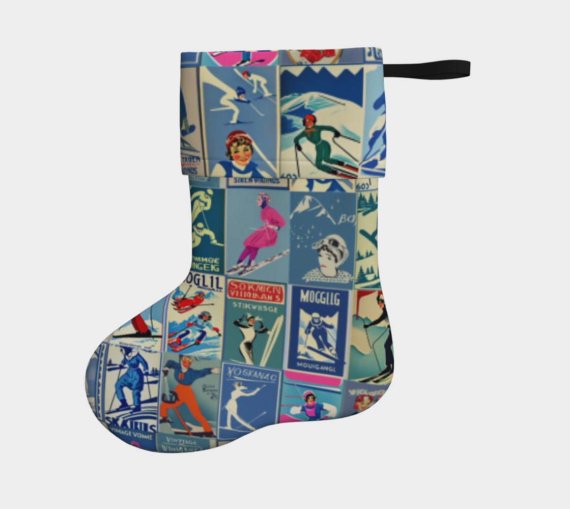 Stocking in blue Vintage inspired Skiing Art hand made in Montreal, quality fabric