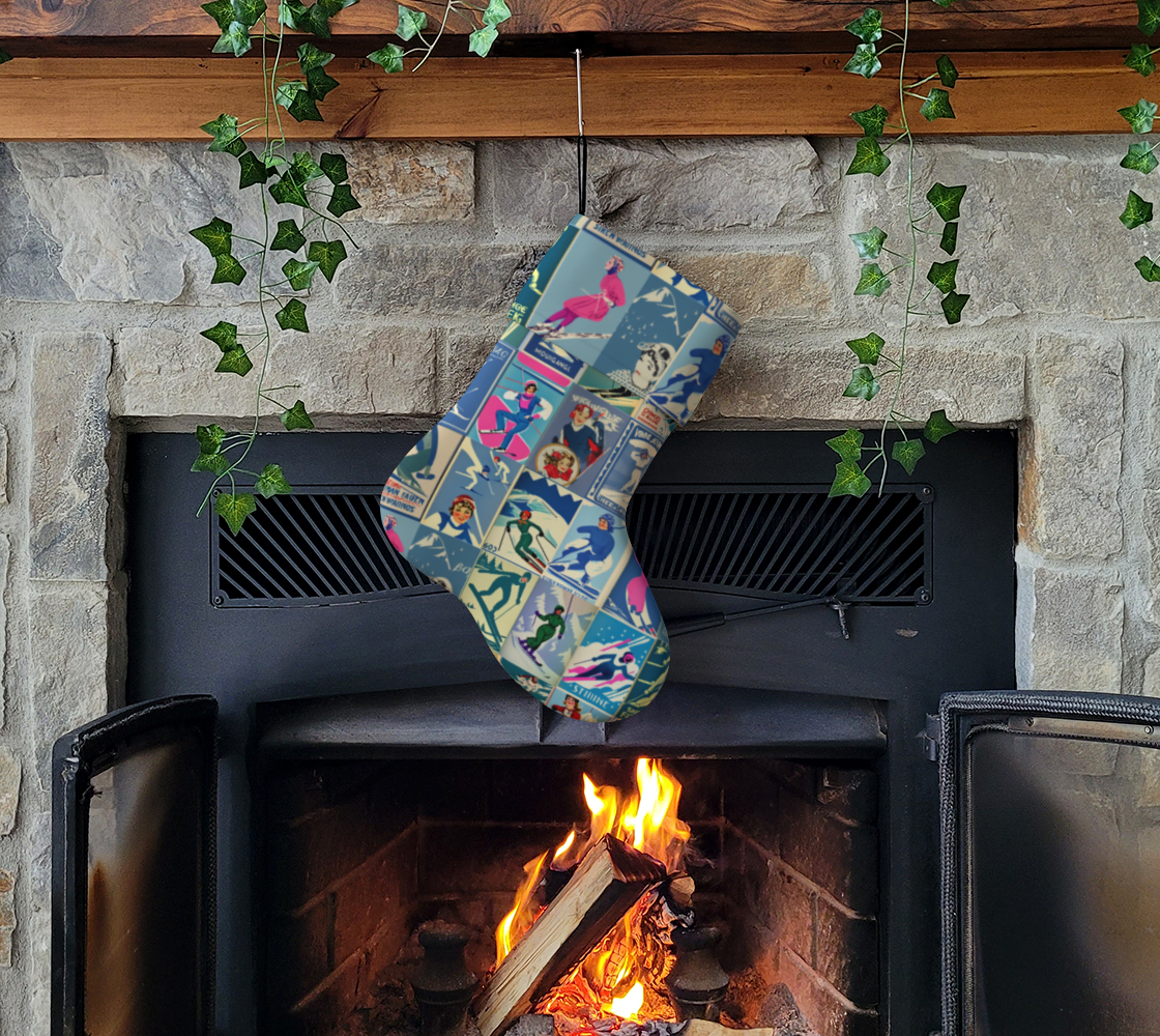 Stocking in blue Vintage inspired Skiing Art hand made in Montreal, quality fabric