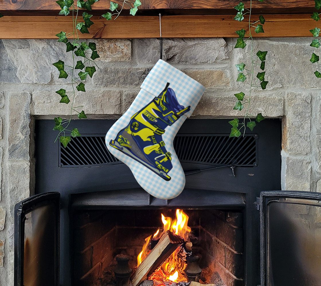 Bas de Noël de bottes de ski bleu et jaune
