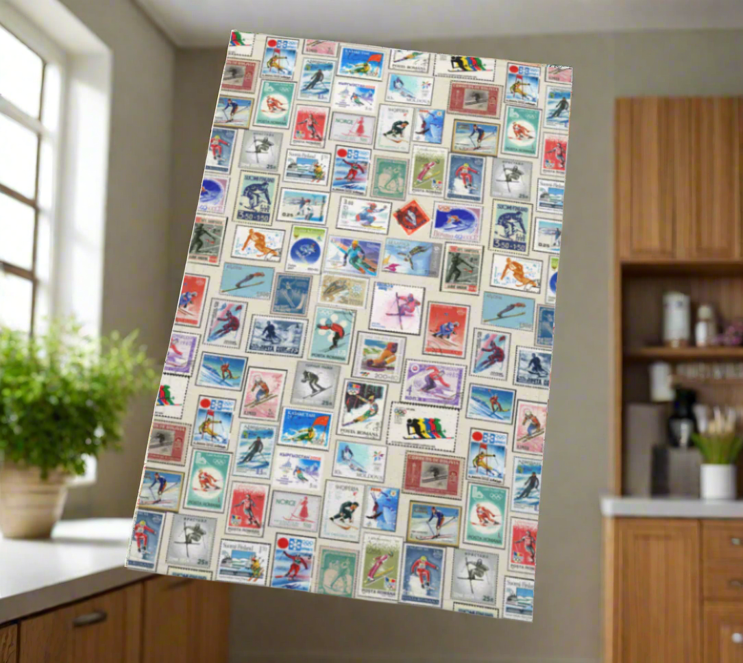 Tea towel home decor in Vintage Ski Stamps Collage for your kitchen or hang on your walls