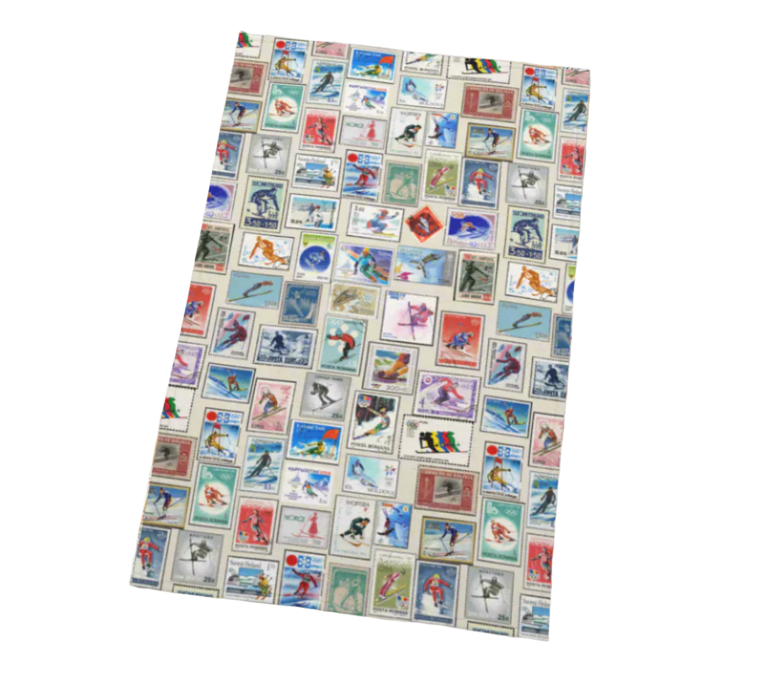 Tea towel home decor in Vintage Ski Stamps Collage for your kitchen or hang on your walls