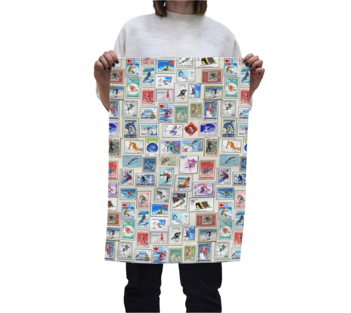 Tea towel home decor in Vintage Ski Stamps Collage for your kitchen or hang on your walls