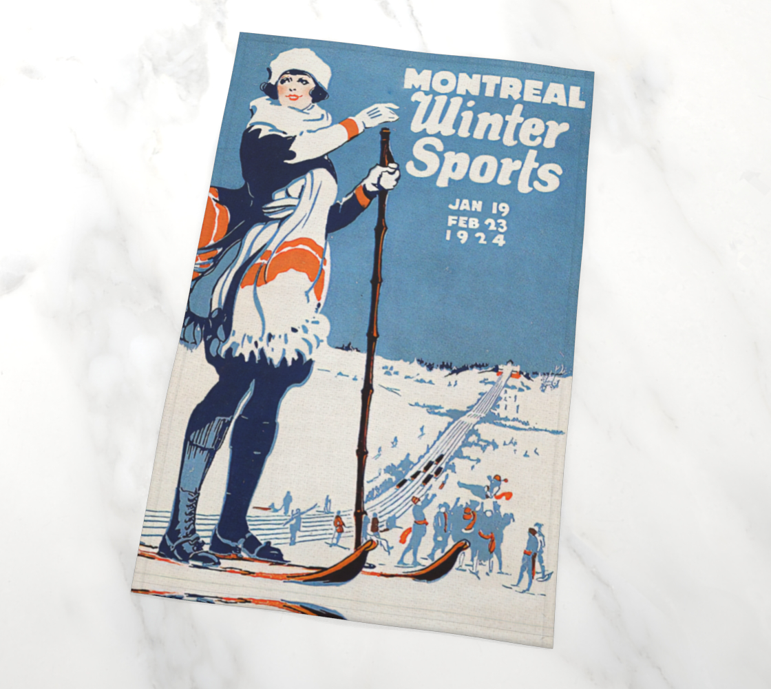 Tea towel home decor in Vintage Montreal winter sport Ski Collage Art for your kitchen or hang on your walls