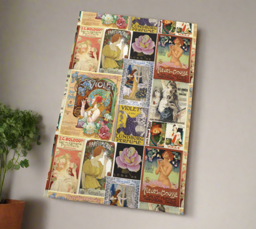 Torchon de cuisine décoratif en Vintage Parfum Art Collage pour votre cuisine ou à accrocher sur vos murs