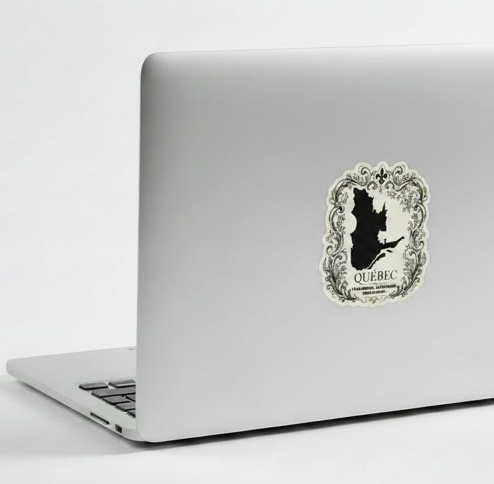 A decorative graphic featuring a black silhouette map of Quebec on an off-white background, surrounded by an ornate black and gold filigree border. The word 'QUÉBEC' appears in large serif letters, with a French quote below in smaller text.