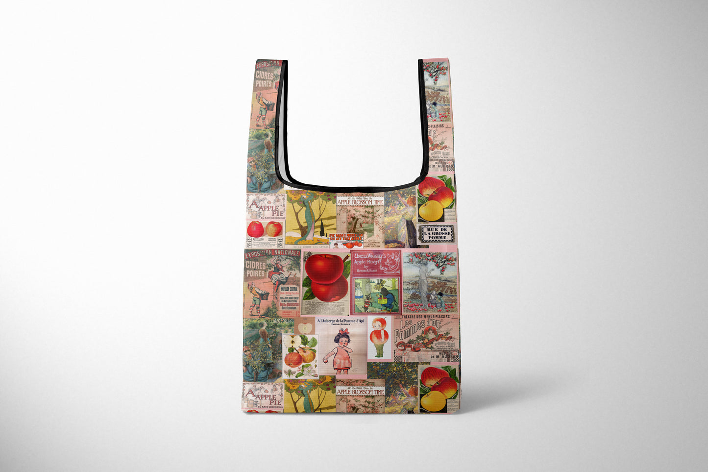 Folding Reusable Travel Bag Market Grocery bag in Vintage Style Apple Collage