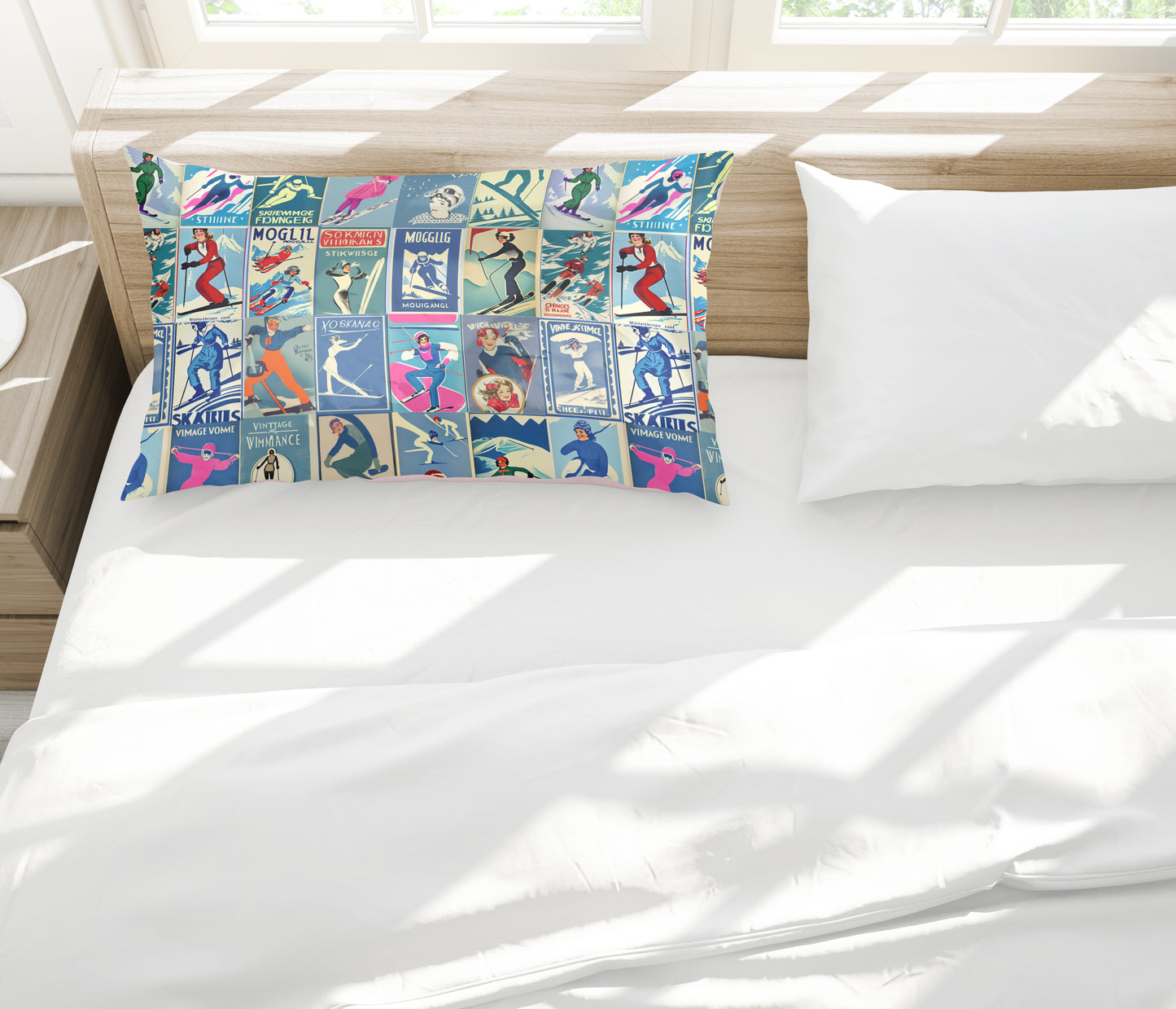 Housse de couette au style vintage Femme Ski en bleu Art Collage pour le plus agréable des sommeils. Fabriqué en 100% coton de qualité au Canada