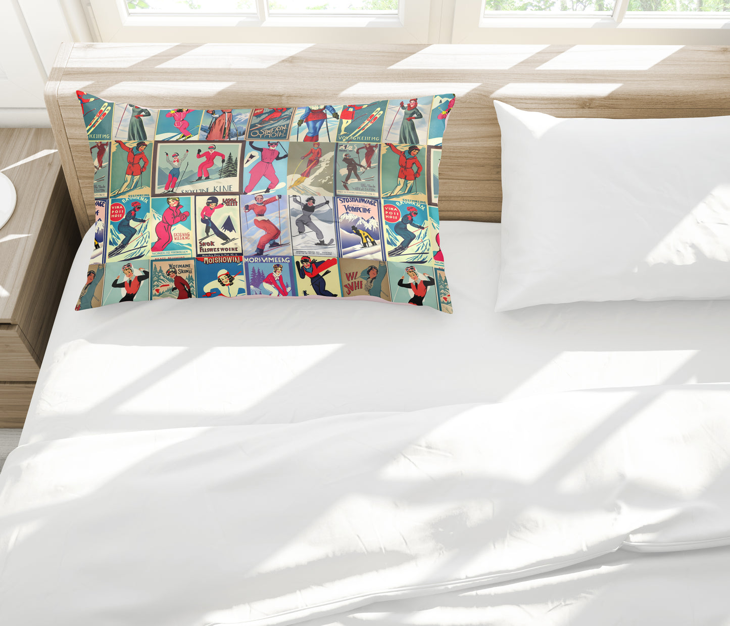 Housse de couette au style vintage femme Ski en rouge Collage pour le plus agréable des sommeils. Fabriqué en 100% coton de qualité au Canada