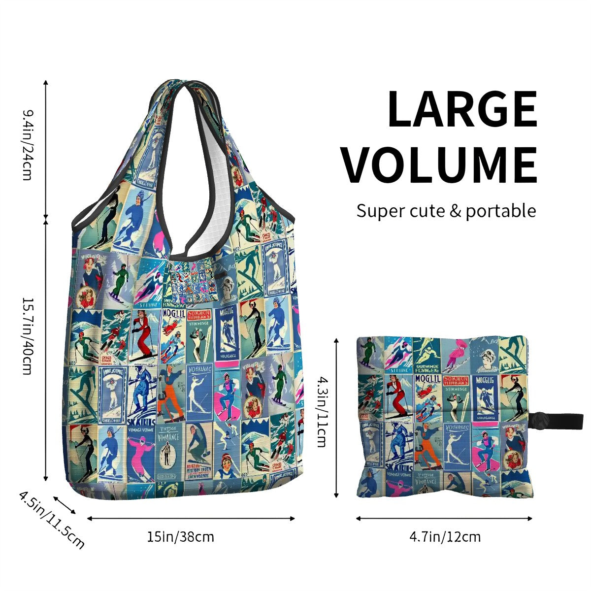 Folding Reusable Grocery Bag in Vintage Style women Ski Art Collage