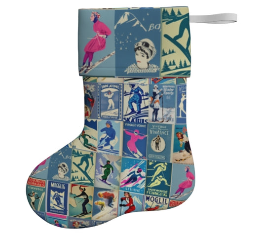 Stocking in blue Vintage inspired Skiing Art hand made in Montreal, quality fabric