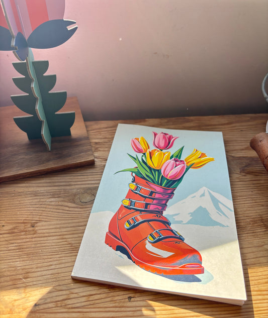 Notebook for everyday. Write notes, draw doodles or use as a Junk Journal. In Ski boots Tulips