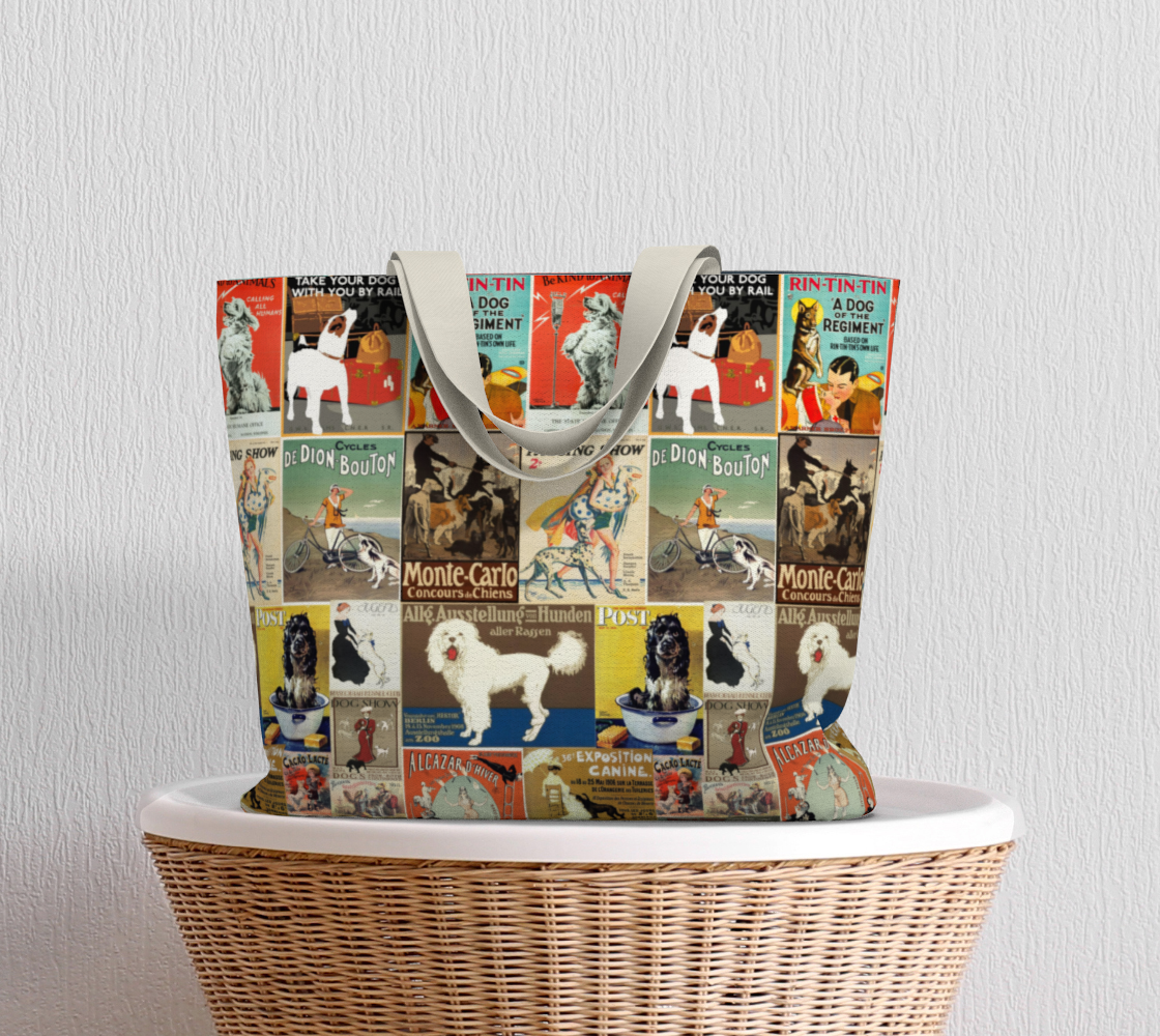 Tote Large Cotton Canvas in Vintage dog poster collage made in Canada