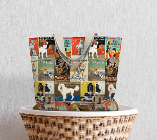Tote Large Cotton Canvas in Vintage dog poster collage made in Canada