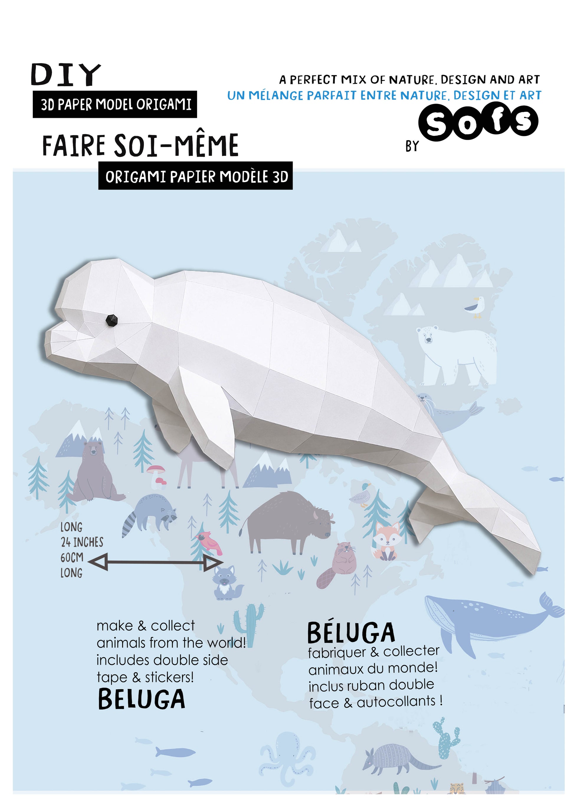 A DIY 3D paper model origami kit cover for making beluga whales, featuring a light blue background with a white folded paper beluga, cartoon animals, and French and English text.