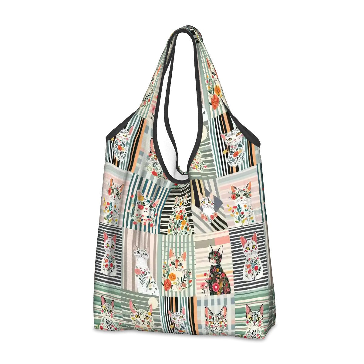 Folding Reusable Grocery Bag in Stripe Cats Botanical Collage