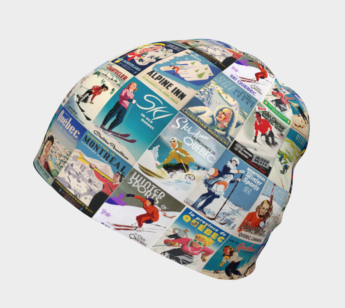 Beanie Hat with pur collage vintage Quebe Ski posters made in Canada