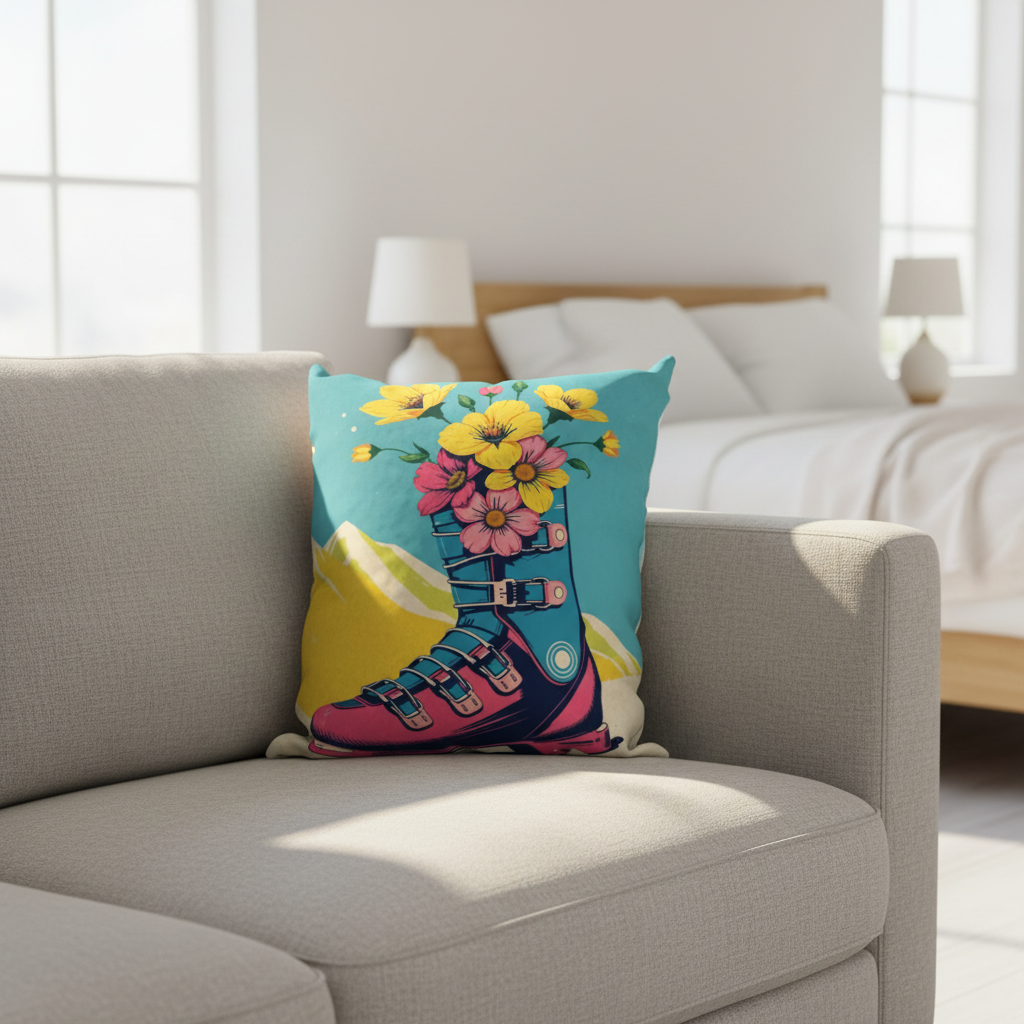 Pillow cover Spring Skiing in day in golden hour Ski art