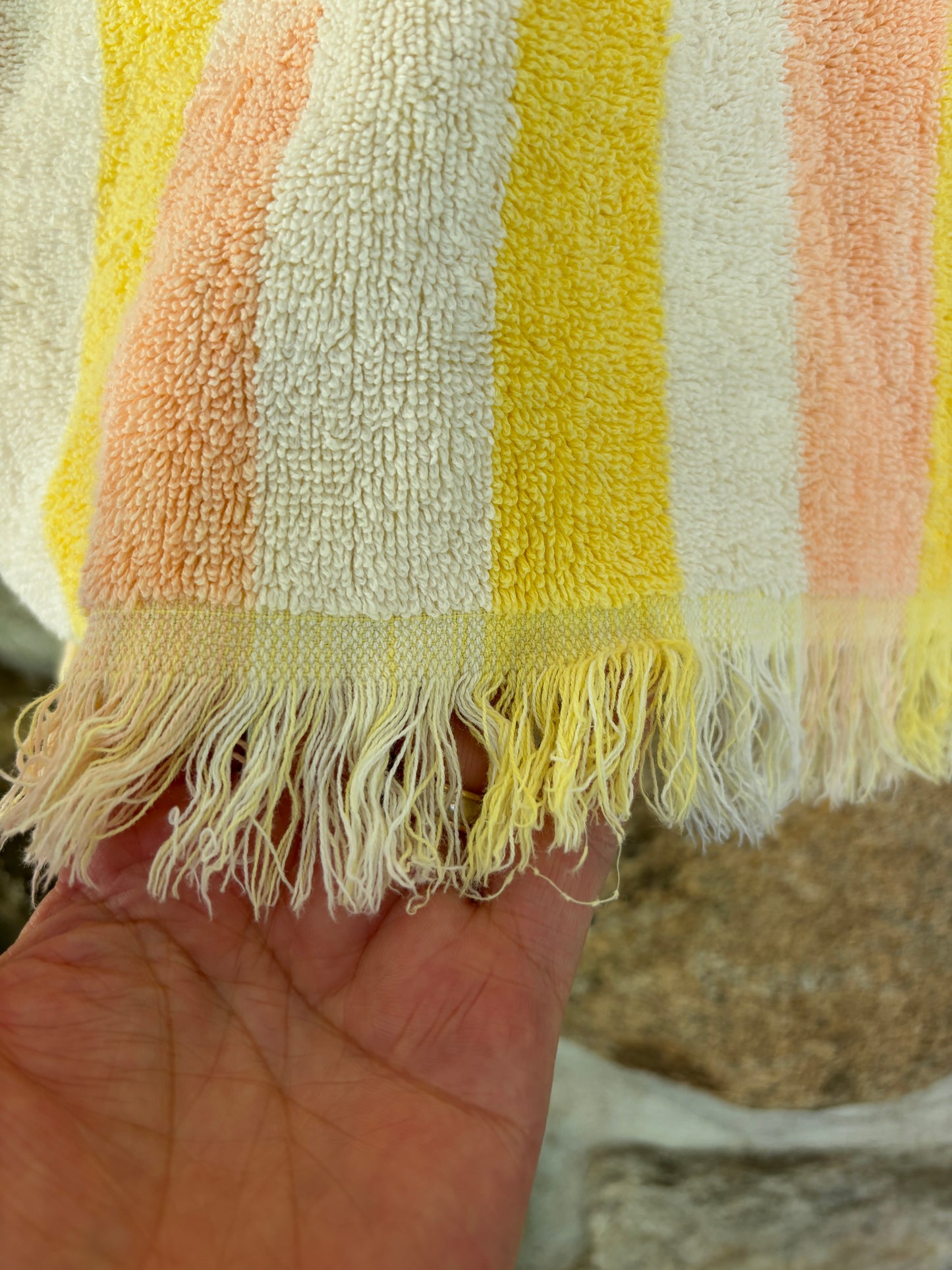 Sofs re-invented Cute Top. This one is sunny stripes small/medium. Made from vintage beach towels.