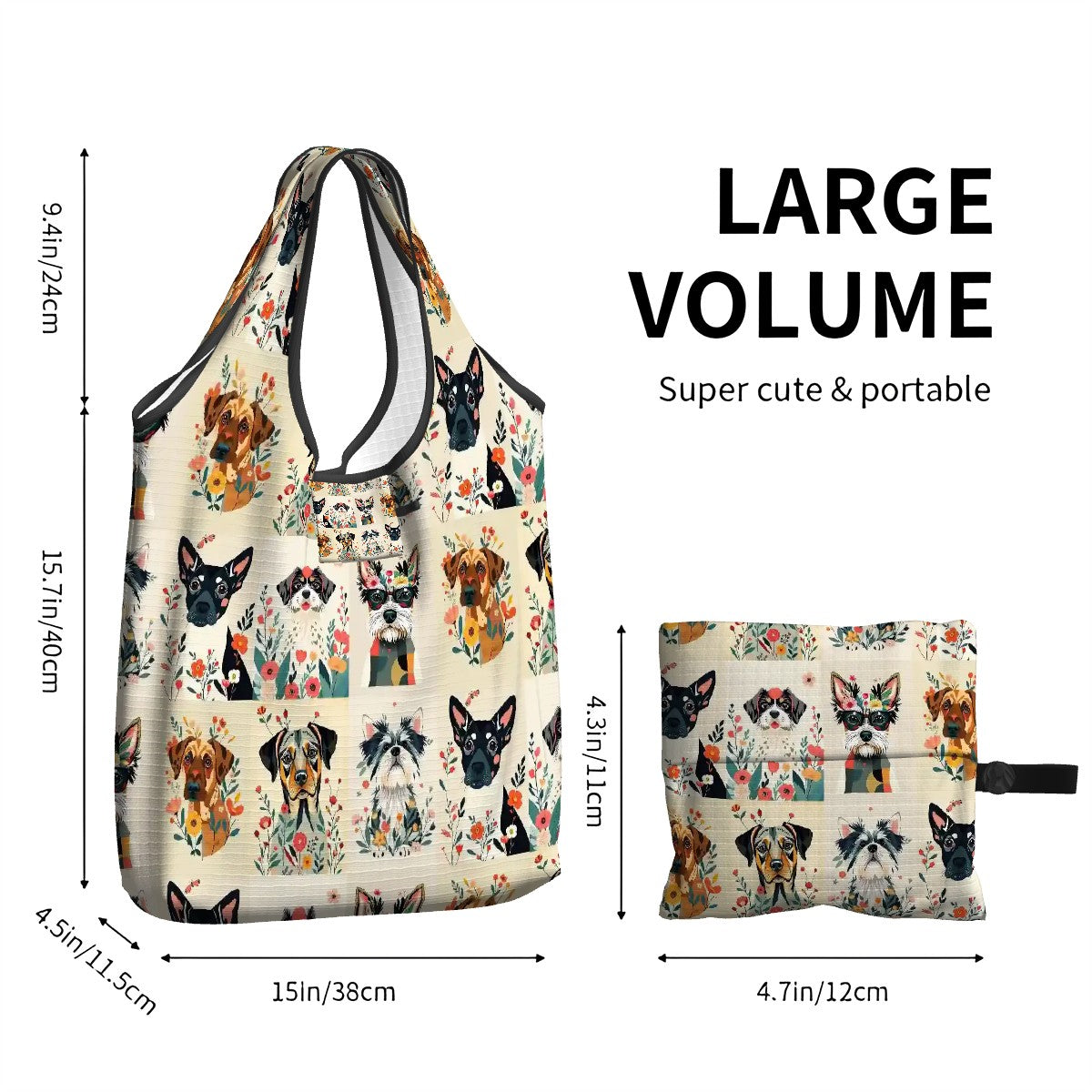 Folding Reusable Grocery Bag in Botanical Floral Dog Collage