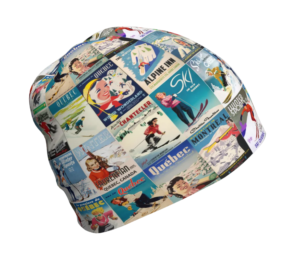 Beanie Hat with pur collage vintage Quebe Ski posters made in Canada