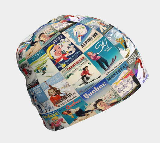 Beanie Hat with pur collage vintage Quebe Ski posters made in Canada