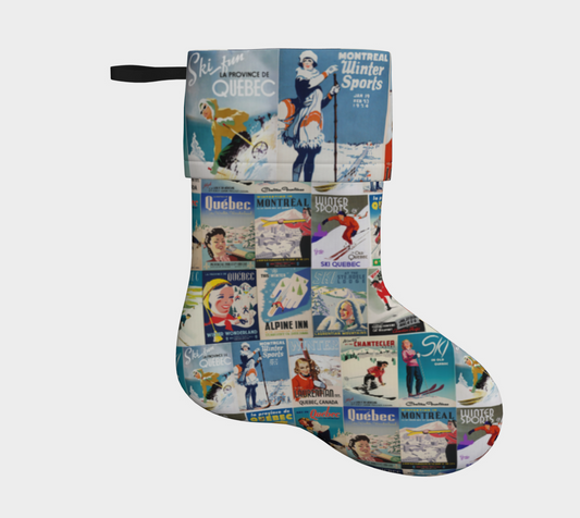 Stocking illustrated with Quebec province Vintage Ski Poster collection made in Montreal Canada