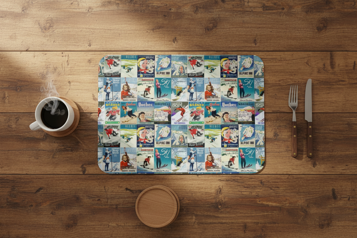 Set de table en cuir végétalien, affiche vintage de ski du Québec fabriquée à Montréal, Canada