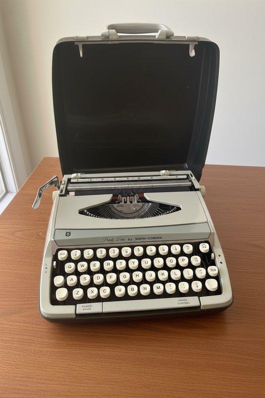 A vintage Zebra typewriter with a light gray body, white oval keys, and a black hinged cover, photographed outdoors on a wooden surface with stone flooring.