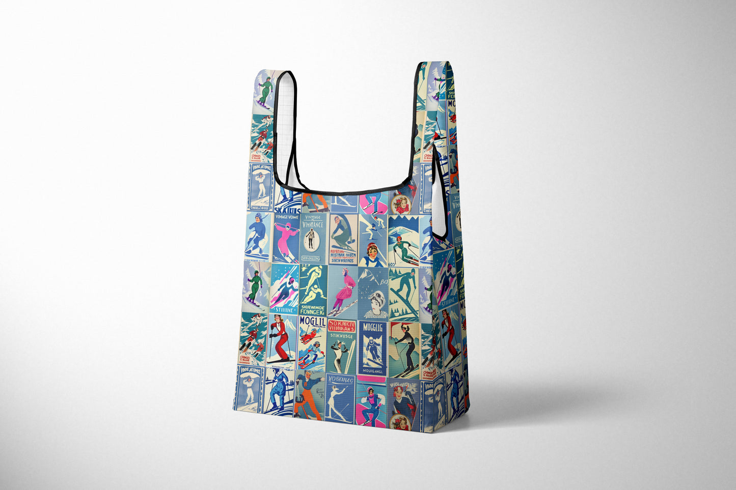 Folding Reusable Grocery Bag in Vintage Style women Ski Art Collage