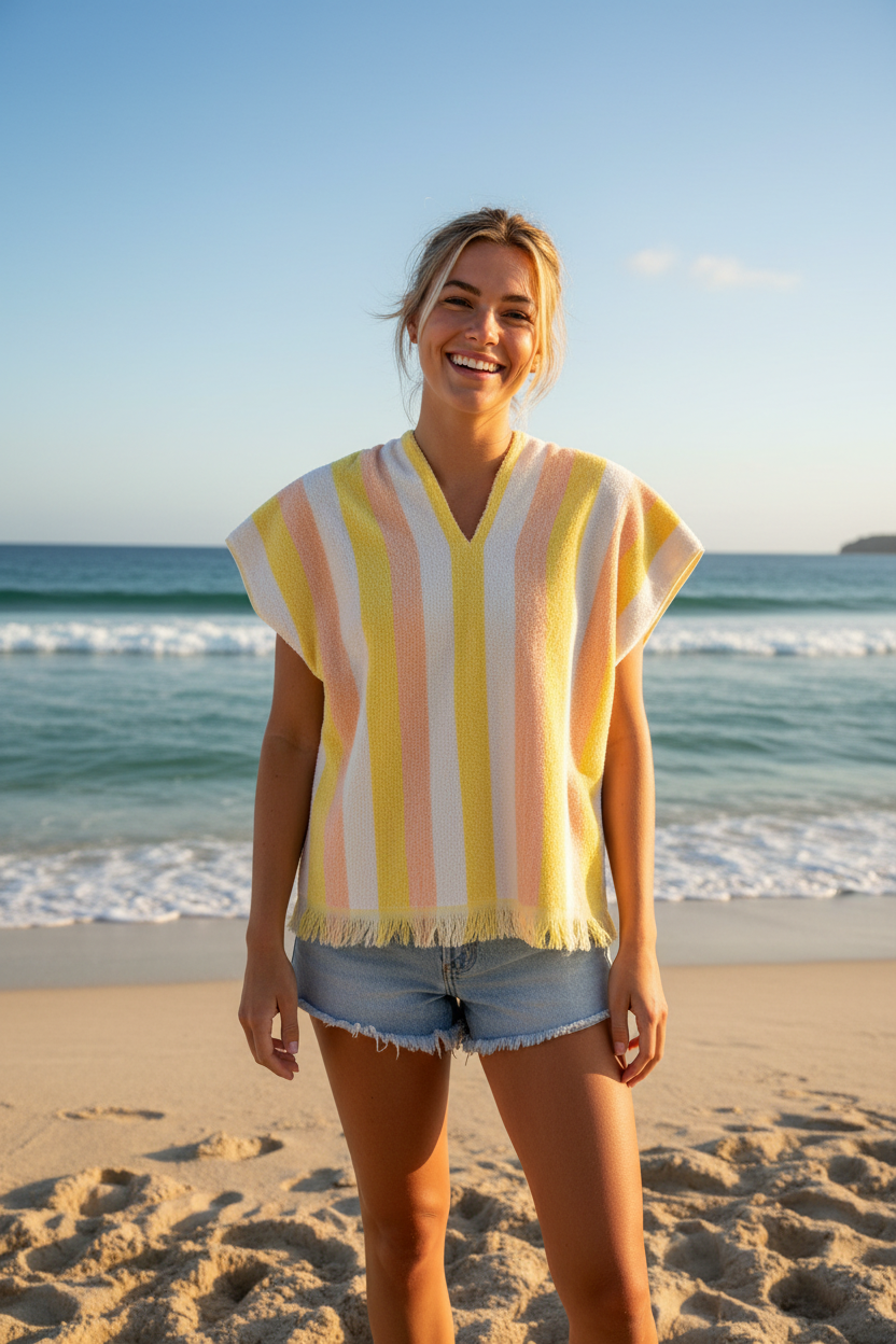 Sofs re-invented Cute Top. This one is sunny stripes small/medium. Made from vintage beach towels.