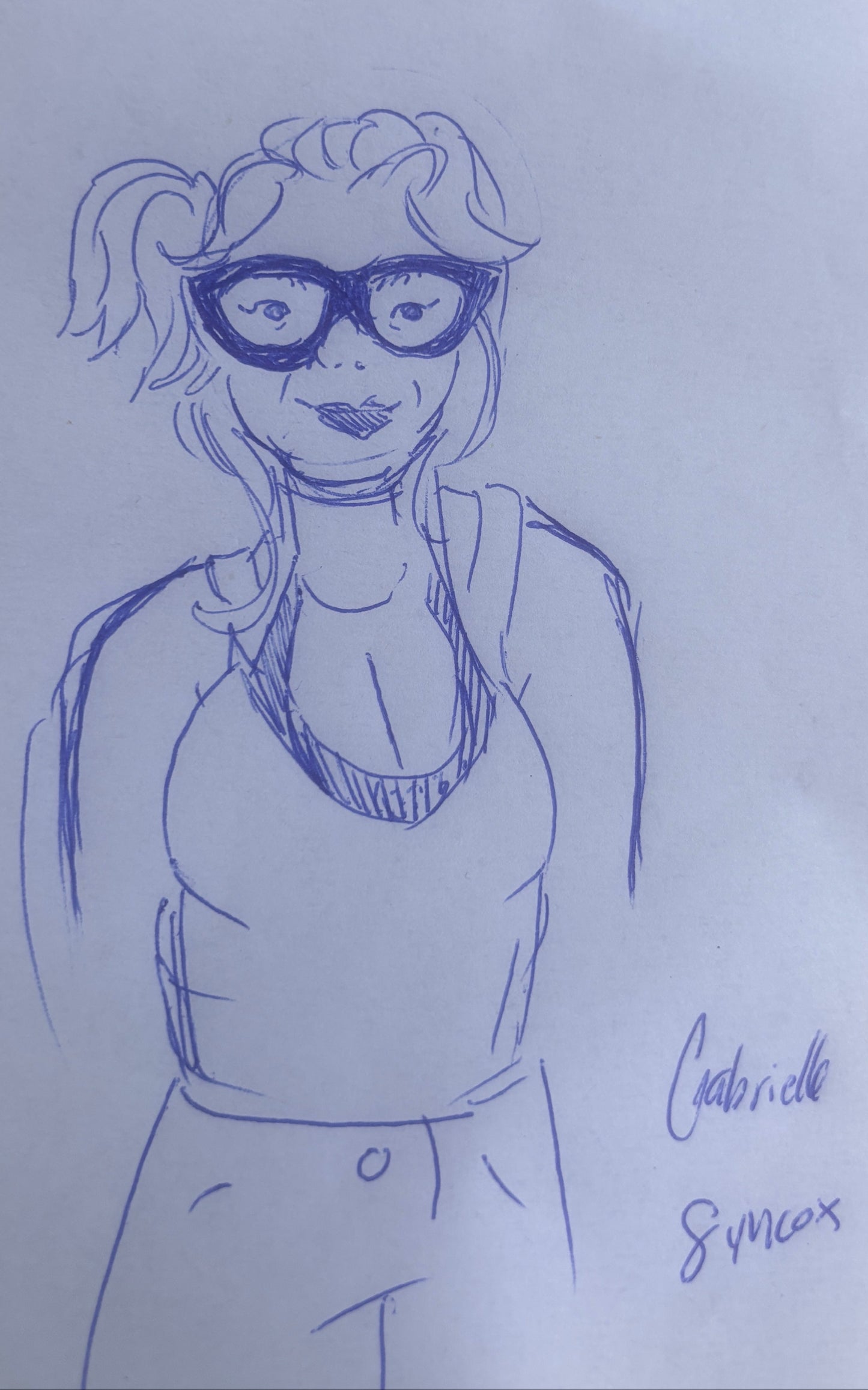 A blue ink sketch of a woman with pigtails and large black-rimmed glasses on white paper, with handwritten text reading 'I love you' at the top and a signature at the bottom right.