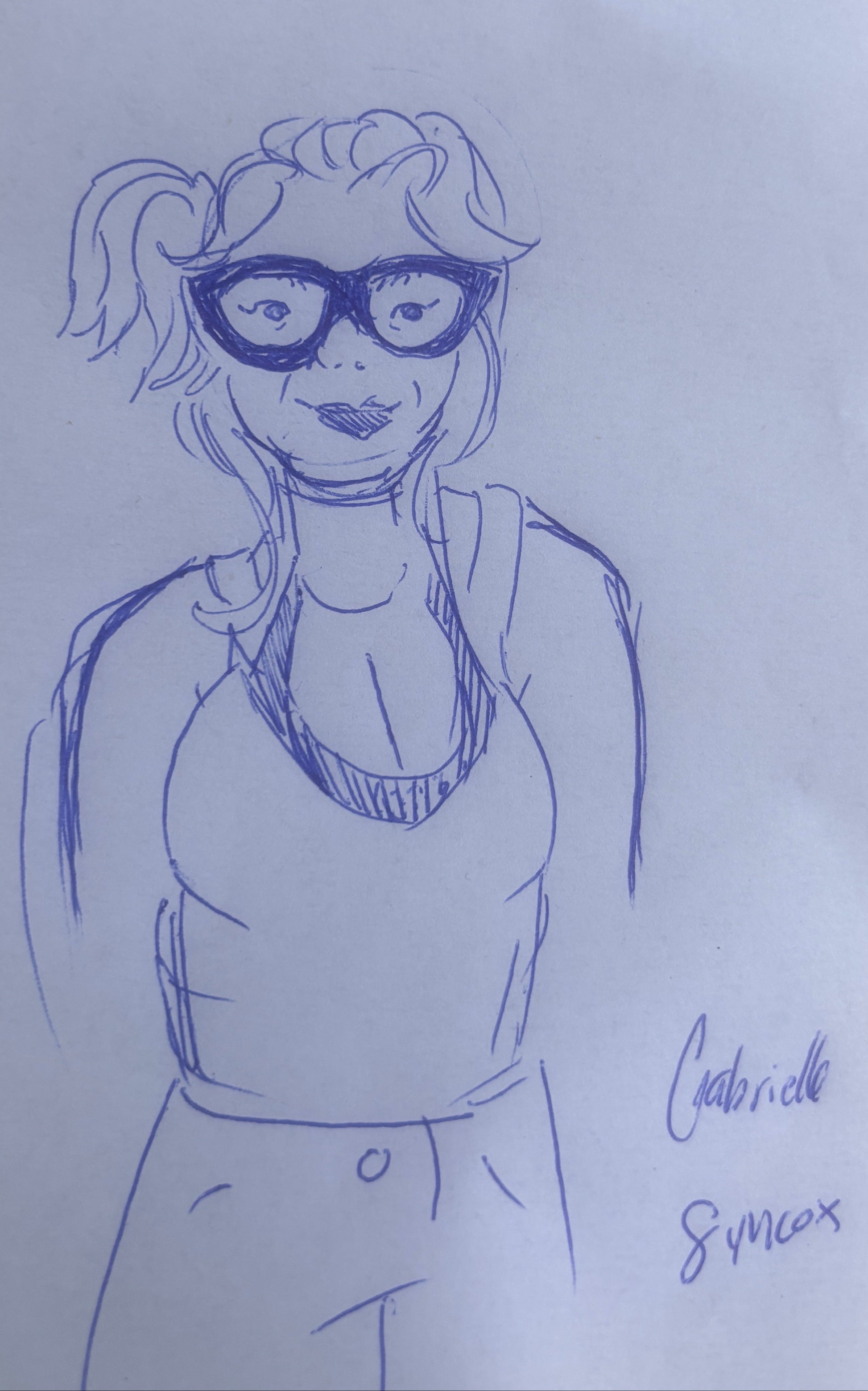 A blue ink sketch of a woman with pigtails and large black-rimmed glasses on white paper, with handwritten text reading 'I love you' at the top and a signature at the bottom right.