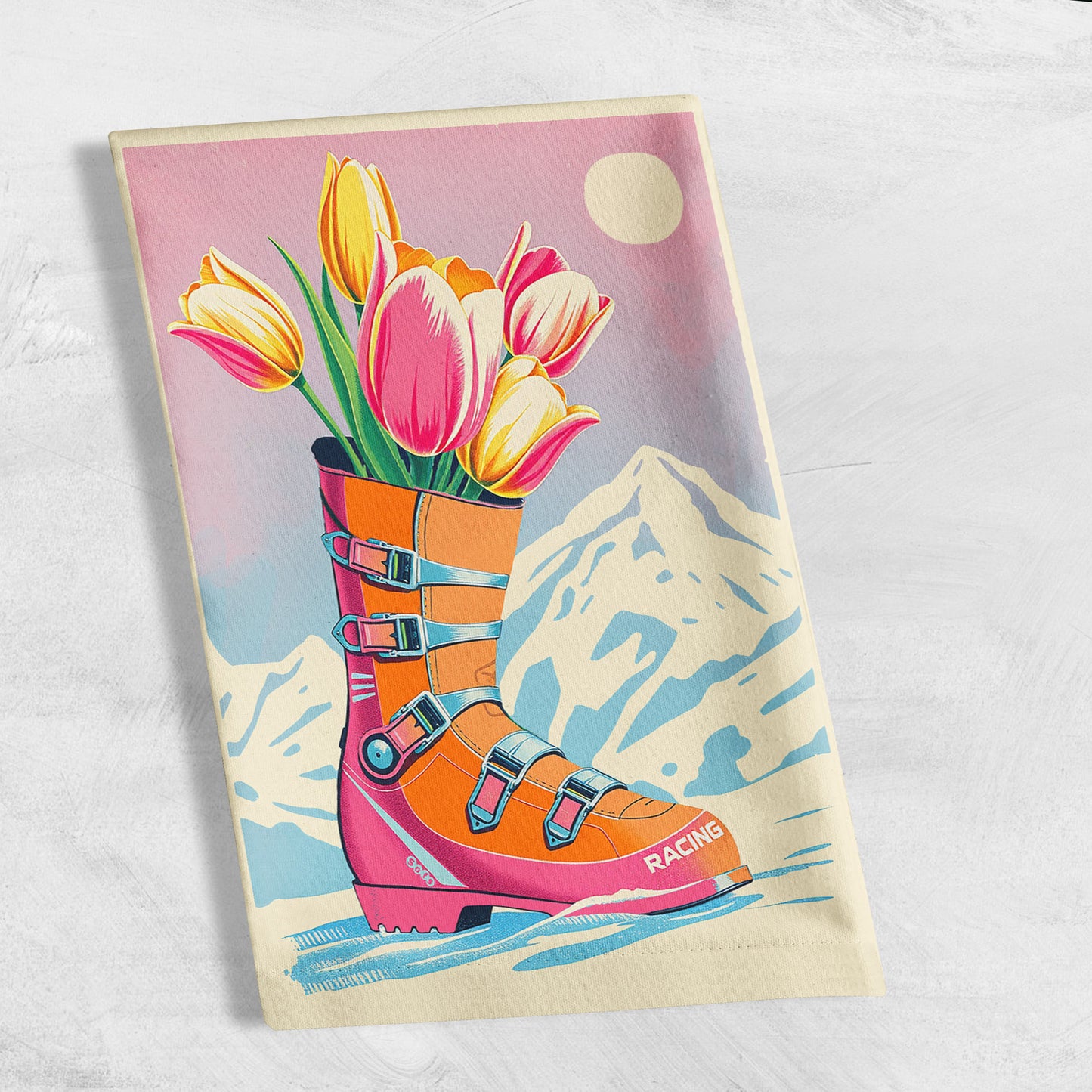 Torchons de taille moyenne (30 x 40 cm), motif floral de bottes de ski au coucher du soleil, en coton et lin.