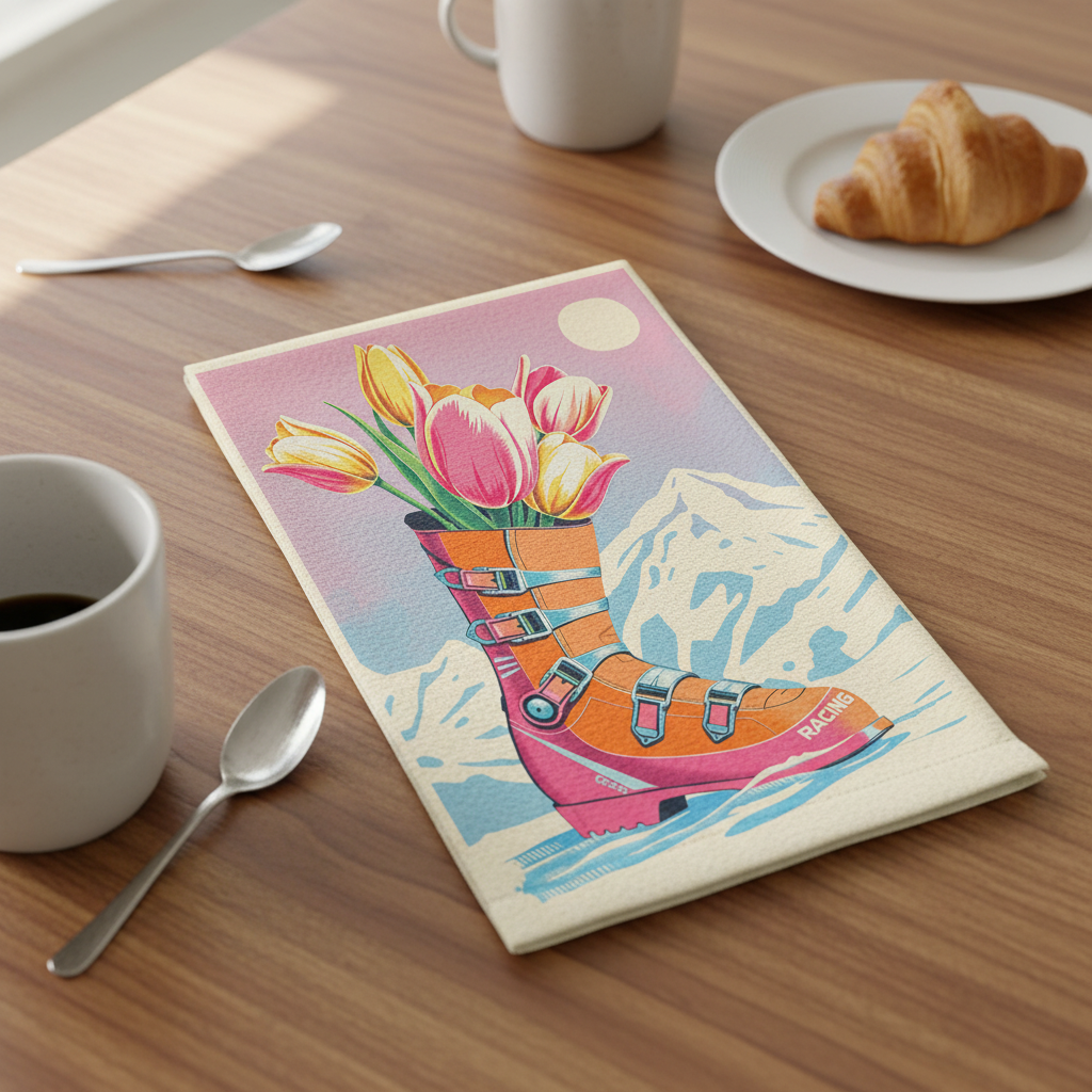 Torchons de taille moyenne (30 x 40 cm), motif floral de bottes de ski au coucher du soleil, en coton et lin.