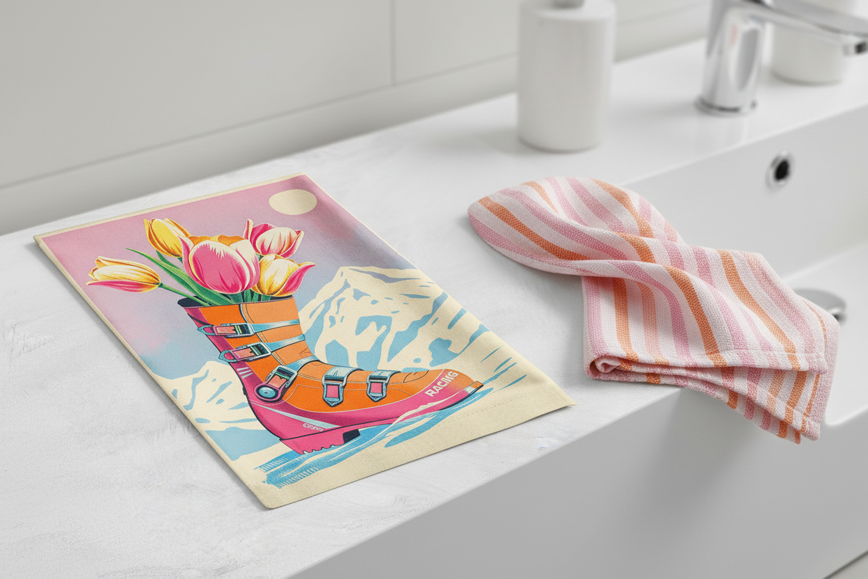 Torchons de taille moyenne (30 x 40 cm), motif floral de bottes de ski au coucher du soleil, en coton et lin.