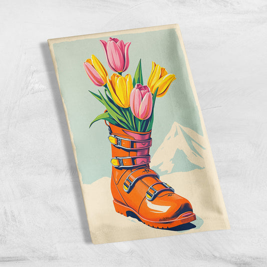 Tea Towels Medium size 12 x 16 in Floral Ski boot in tulips , Made cotton linen