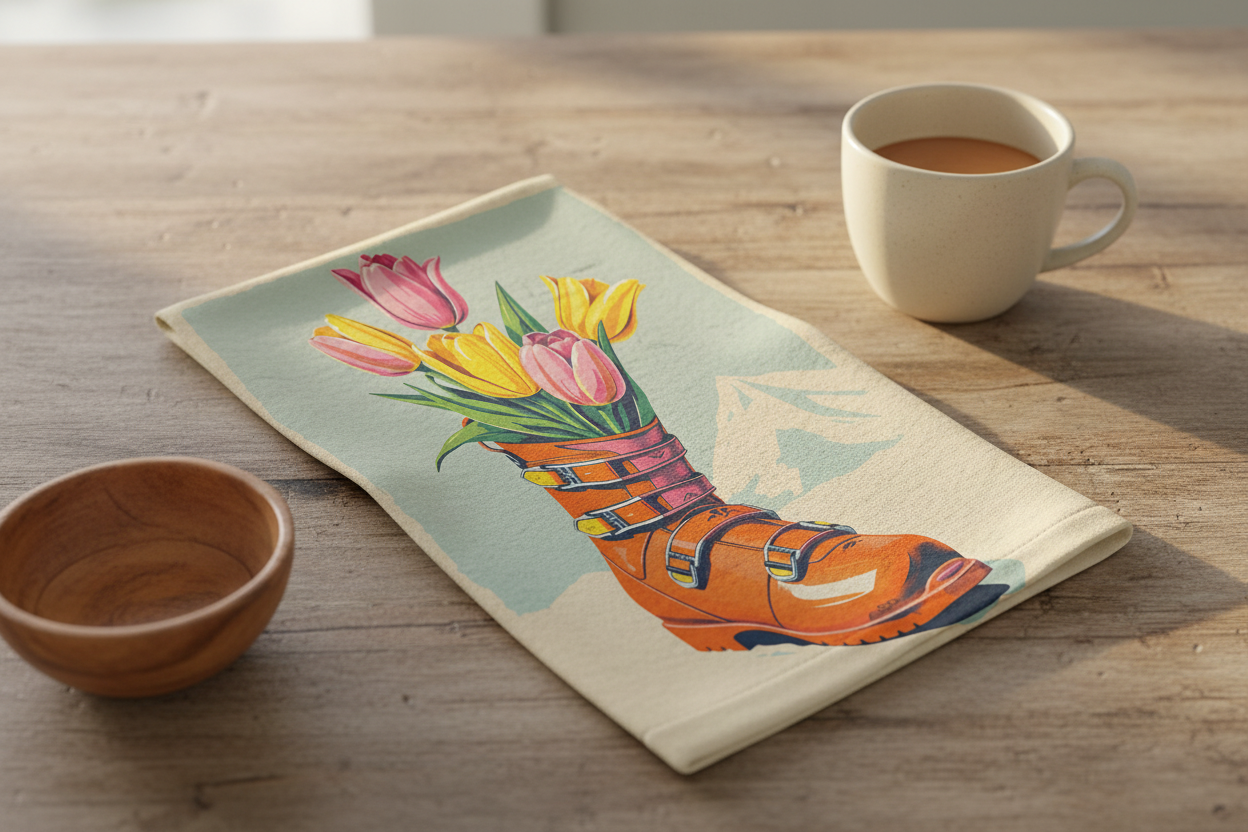Tea Towels Medium size 12 x 16 in Floral Ski boot in tulips , Made cotton linen