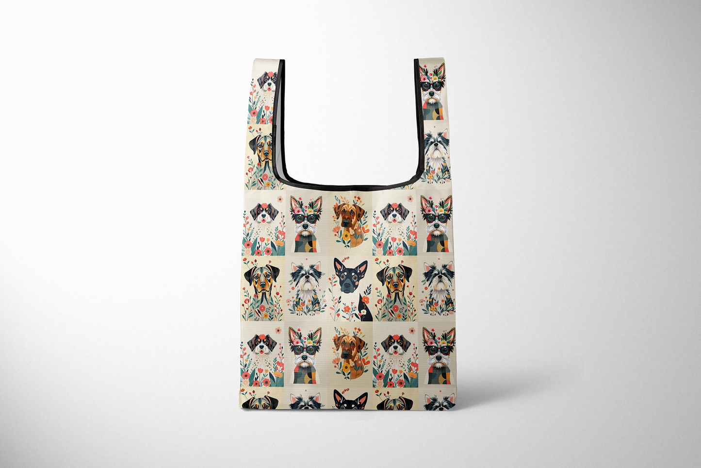 Folding Reusable Grocery Bag in Botanical Floral Dog Collage