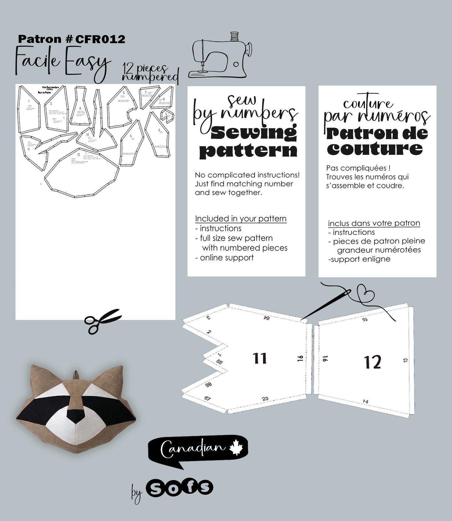 Sewing Patterns Cute Face Raccoon– Sew by Numbers Plush Pattern - Made in Canada