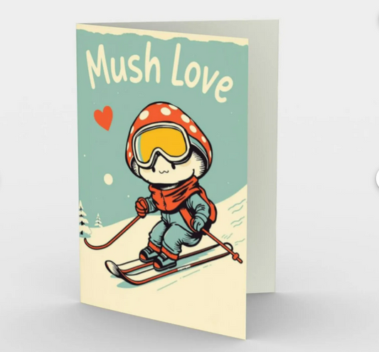 Carte de vœux sur le thème des champignons Mush Love Ski, vierge à l'intérieur pour toute occasion, livrée avec enveloppe